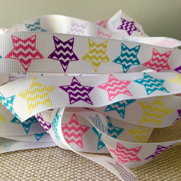 7/8” Multi Color Chevron Stars on White Grosgrain Ribbon