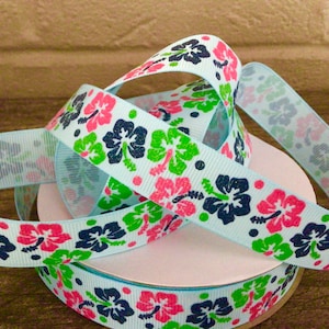 7/8” Hibiscus Flowers on Light Blue Grosgrain Ribbon