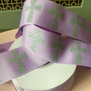 1.5” Silver Glitter Crosses on Lavender Grosgrain Ribbon