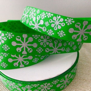 7/8” Silver Glitter Snowflakes on Green Grosgrain Ribbon