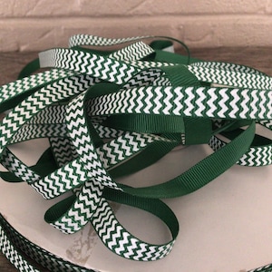 3/8” Forest Green and White Chevron Grosgrain Ribbon