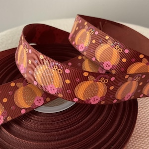 7/8” Fall Pumpkins on Wine Grosgrain Ribbon By The Yard