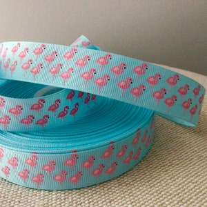 7/8” Mini Flamingos on Ocean Blue Grosgrain Ribbon