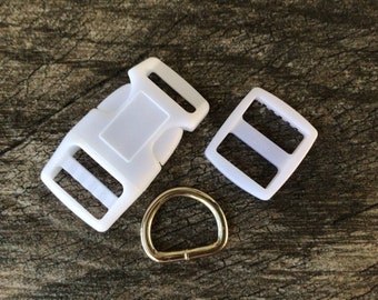 3/4” White Dog Collar Hardware- 3/4” Buckle, Tri Glide Slide and Welded Metal D Ring
