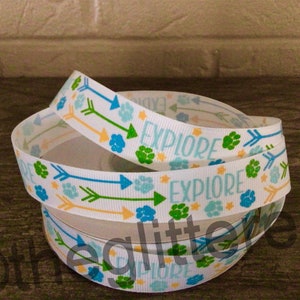 7/8” Explore on White Grosgrain Ribbon