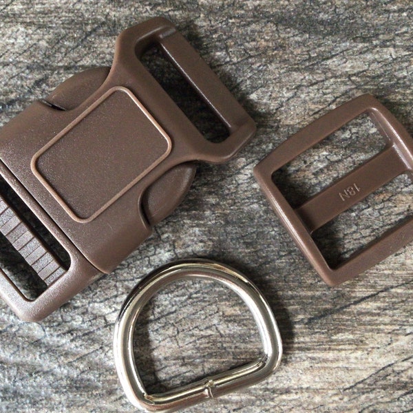 1" Brown Dog Collar Hardware - 1" Buckle, Tri Glide Slide and Metal D Ring