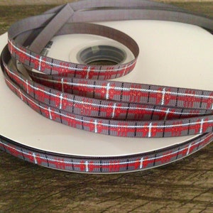 3/8” Grey and Red Plaid Grosgrain Ribbon