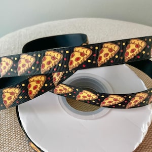 5/8” Pizza on Black  Grosgrain Ribbon By The Yard