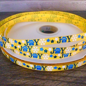 3/8” Christmas Paw Print Joy on Yellow Grosgrain Ribbon