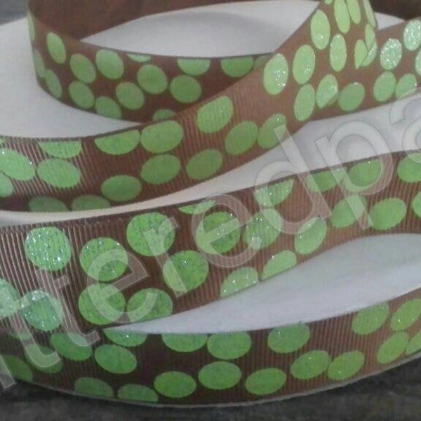 7/8" Lime Glitter Dots on Brown Grosgrain Ribbon