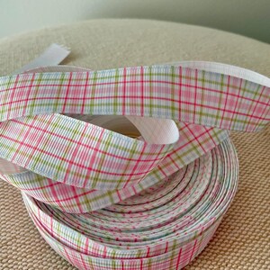 7/8&quot; Spring Green Pink Light Blue Plaid Grosgrain Ribbon By The Yard
