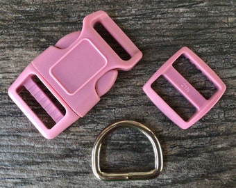 1&quot; Pink Dog Collar Hardware - 1&quot; Buckle, Tri Glide Slide and Metal D Ring