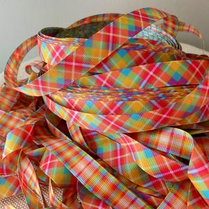 5/8&quot;  Fruit Punch  Plaid Grosgrain Ribbon By The Yard