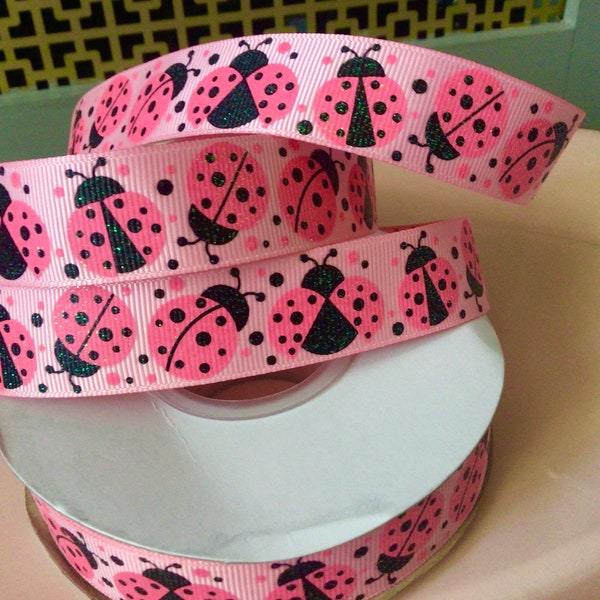 7/8” Pink Ladybugs on Pink Grosgrain Ribbon