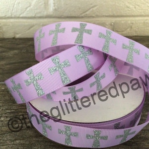 7/8” Silver Glitter Crosses on Lavender Grosgrain Ribbon