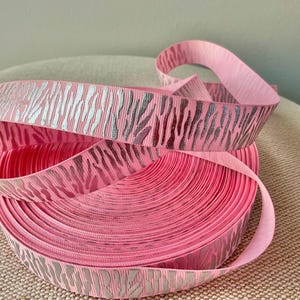 7/8” Silver Foil Zebra Print on Light Pink Grosgrain Ribbon By The Yard