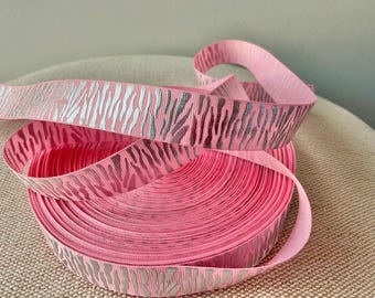 7/8” Silver Foil Zebra Print on Light Pink Grosgrain Ribbon By The Yard
