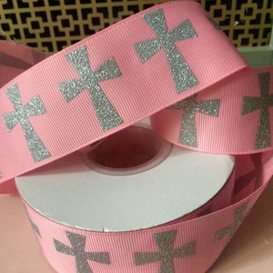 1.5” Silver Glitter Crosses on Pink Grosgrain Ribbon