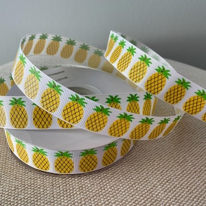 7/8”  Tropical Pineapples on White Grosgrain Ribbon By The Yard