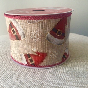 2 1/2” Christmas Santa Hats on Tan Wired Ribbon Roll