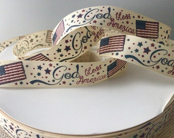God Bless America on Beige Grosgrain Ribbon