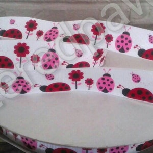 7/8&quot; Pink and Red Lady Bugs Grosgrain Ribbon