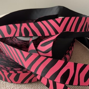 7/8” Pink Zebra Print on Black Grosgrain Ribbon By The Yard