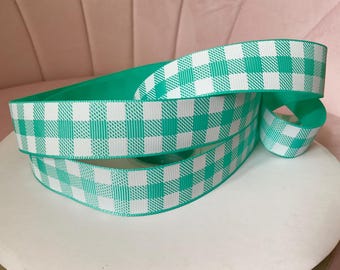 7/8” Tropic and White Buffalo Plaid Grosgrain Ribbon By The Yard