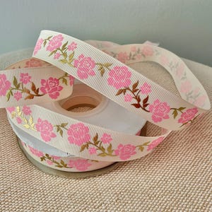 7/8” Pink Roses on Cream Grosgrain Ribbon By The Yard