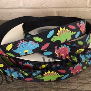 7/8” Dinosaurs on Black Grosgrain Ribbon