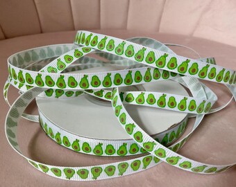 3/8" Avocados on White Grosgrain Ribbon By The Yard
