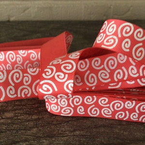 7/8” White Wonkie Swirls on Dusty Coral Grosgrain Ribbon