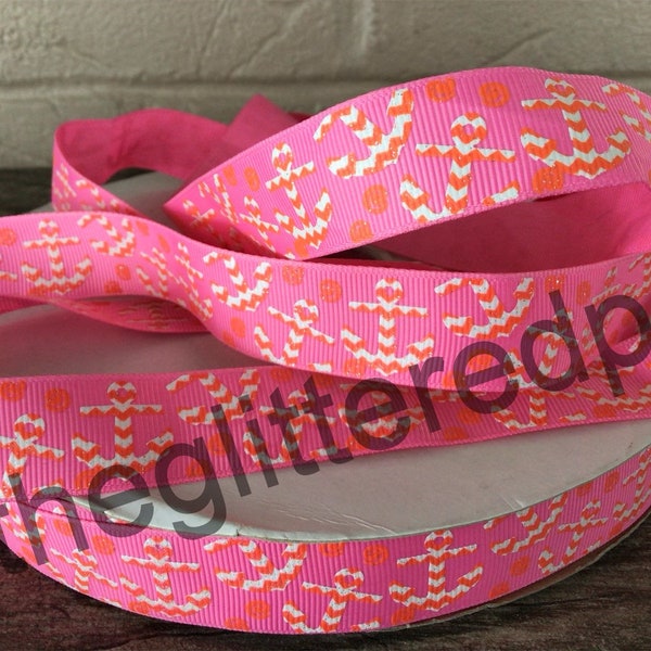 7/8” Orange Chevron Anchors on Hot Pink Grosgrain Ribbon