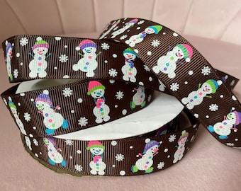 7/8” Snowman on Brown Grosgrain Ribbon By The Yard