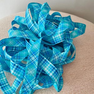 5/8” Aquamarine Plaid Grosgrain Ribbon By The Yard