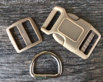 1" Tan Dog Collar Hardware - 1" Buckle, Tri Glide Slide and Metal D Ring
