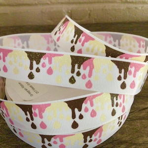 7/8” Melting Ice Cream on White Grosgrain Ribbon