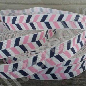 7/8&quot; Pink and Navy Herringbone Grosgrain Ribbon
