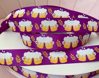 5/8" Frothy Beer Mugs on Purple Grosgrain Ribbon By The Yard