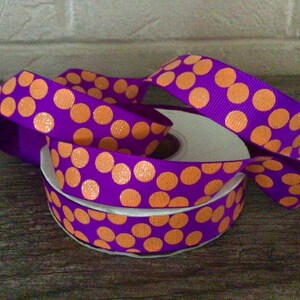 7/8” Orange Glitter Dots on Purple Grosgrain Ribbon