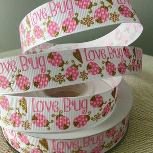 7/8” Love Bug on White Grosgrain Ribbon By The Yard
