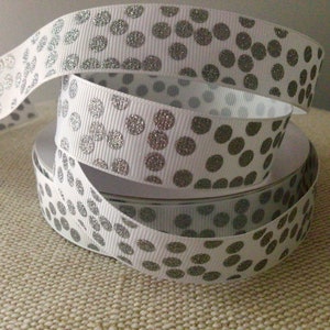 7/8”  Silver Glitter Dots on White Grosgrain Ribbon