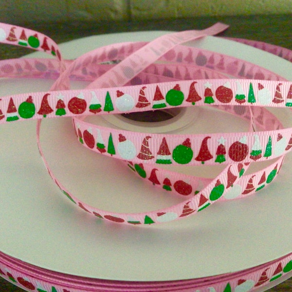 3/8” Whimsical Christmas Trees and Ornaments on Pink Grosgrain Ribbon