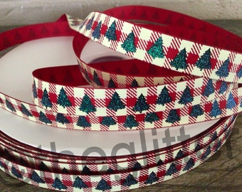 5/8” Christmas Trees on Red and Cream Buffalo Plaid Grosgrain Ribbon