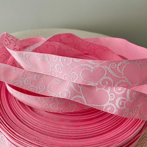 7/8&quot; Valentine Dainty White Hearts on Light Pink Grosgrain Ribbon By The Yard