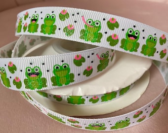 5/8” Frogs on White Grosgrain Ribbon By The Yard