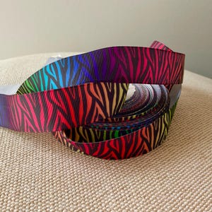 7/8” Black Zebra Print on Rainbow Grosgrain Ribbon By The Yard