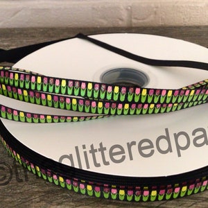 3/8” Tulips on Black Grosgrain Ribbon