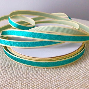 3/8&quot; Aqua Glitter Stripe on Tan Grosgrain Ribbon