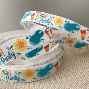 May include: White ribbon with a repeating pattern of blue pool floats, yellow suns, and the text "Pool Party!"